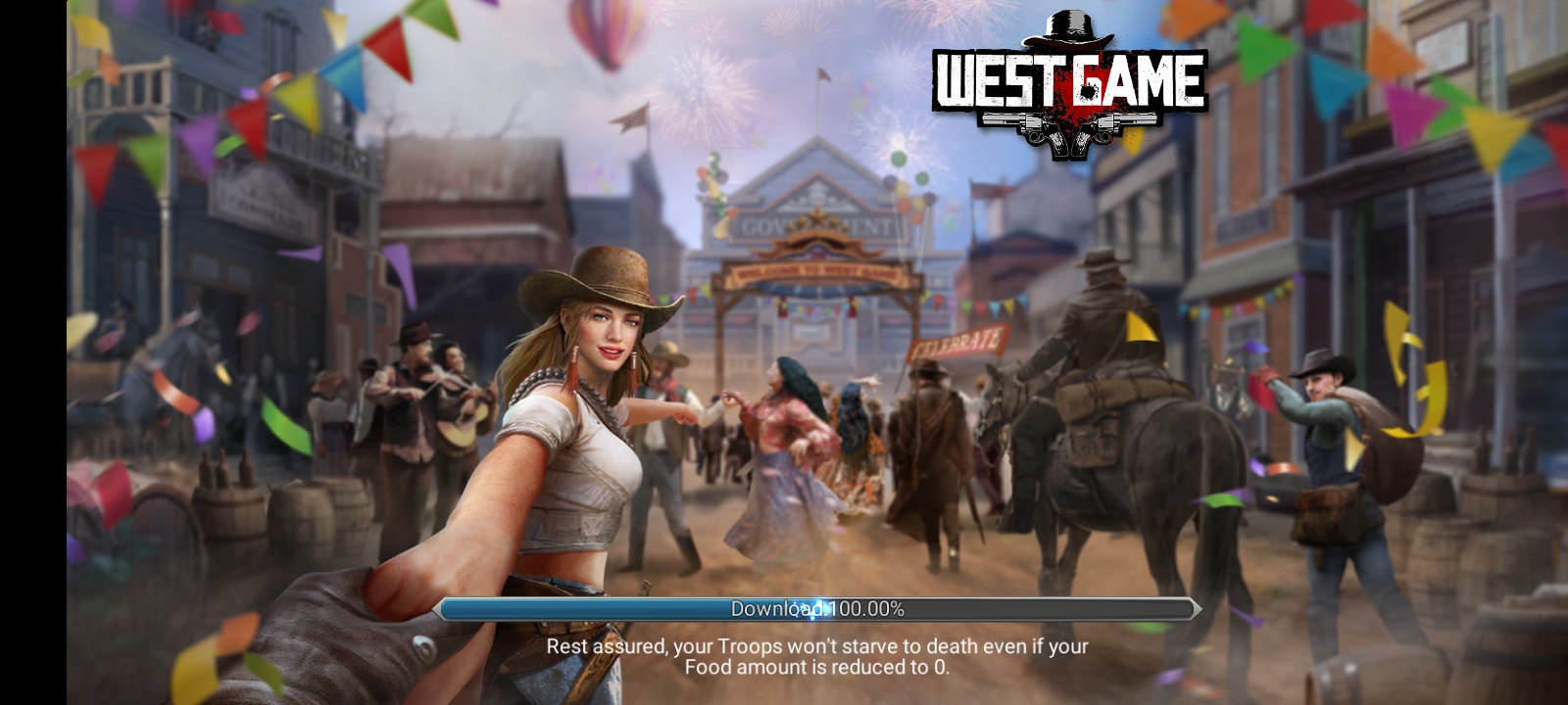 a cowgirl holds you by the hand and pulls you towards a festival seen in the distance ahead, the setting is a western frontier town in the 1860s