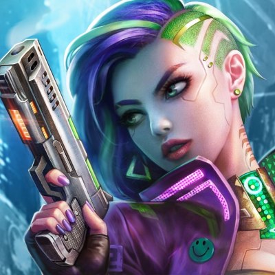 image features Karena, a character with rainbow colored hair holding a hand gun, from the mobile game Battle Night: Cyberpunk RPG. 
