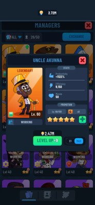 a character profile page showing a an elderly African man wearing an orange suit and top hat, he supports himself with a cane