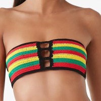 a factory knit crochet bandeau top for street wear in national African colors: red, yellow, green, and black.