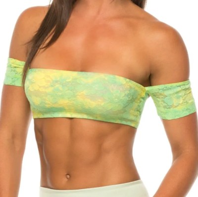 a semi-sheer lace variation on the Over-The-Shoulder Bandeau with short sleeves that do not move from the upper arm