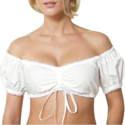 a white Over-The-Shoulder bandeau featuring poofy fabric held by an elastic trim, a decorative ribbon is attached to the front, the sleeves can be moved from the upper arm to cover the shoulders.