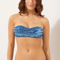 a band type bandeau with textured front made from blue sequins that give a glittery effect