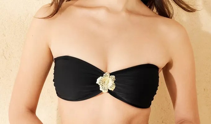 Wild Fable Bandeau Bikini Top with Center Front Metal Flower Black Gold 