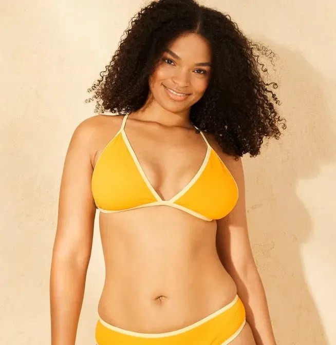 Women's Pucker Textured Contrast Binding Triangle Bikini Top - Wild Fable Orange Yellow Crisscross Back, Adjustable Straps