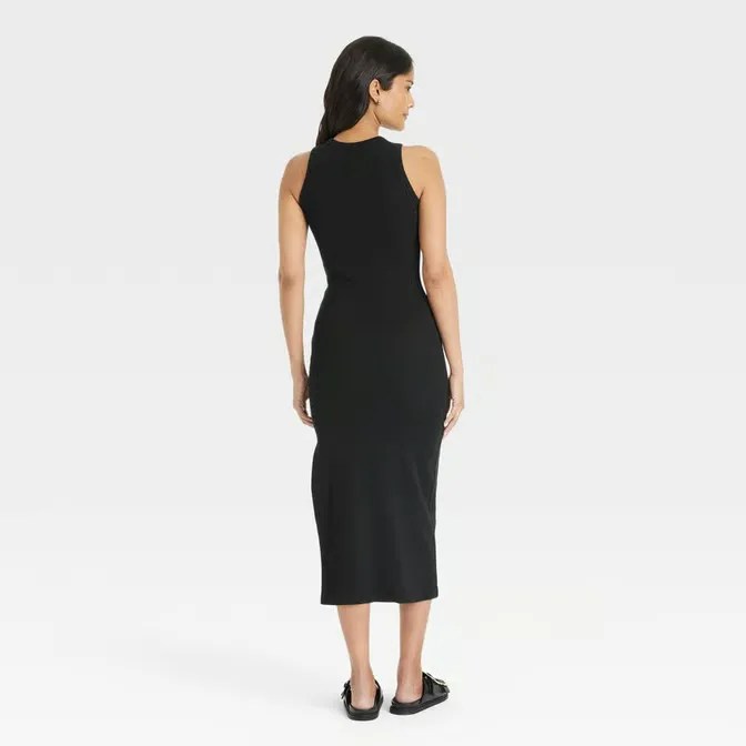 Women's Rib-Knit Maxi Bodycon Dress. A rib knit bodycon dress, Soft, stretchy fabric, Single layered construction, High neckline, Side slit, Pullover, Maxi length, Heavyweight, and sleeveless.