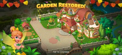 a congratulatory message received after completing the tutorial in the "merge gardens" mobile game