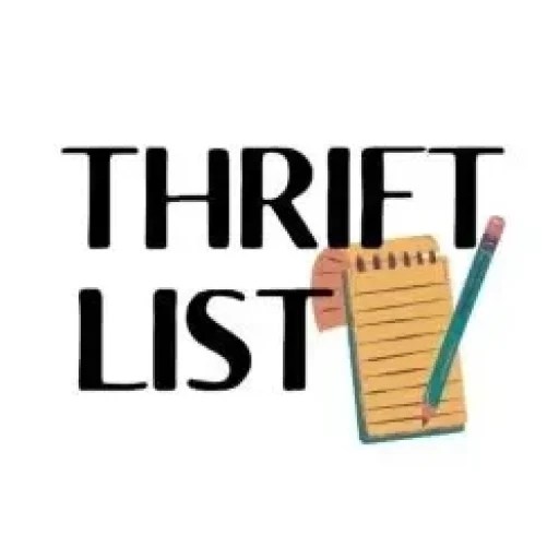 a pencil and note pad are seen near the words "Thrift List"