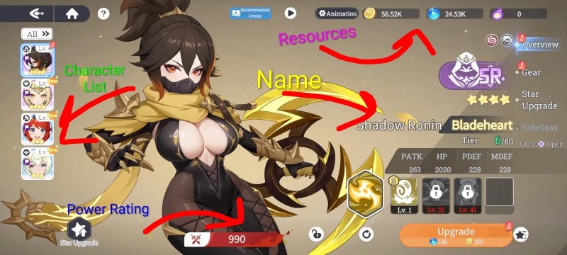 Dragon Traveler character description panel showing power rating, character list, user resources, and stats for the luminary.