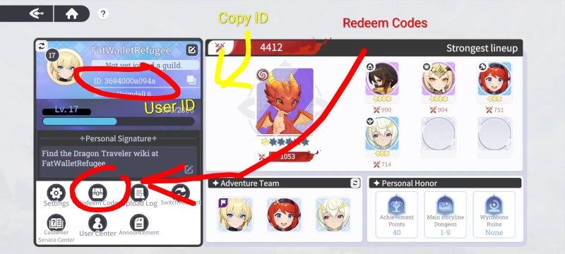 Dragon Traveler settings menu showing the exchange code redemption box for active 2026 gift codes.