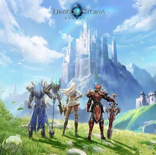 3 heroes stand looking at a far off castle perched upon a rocky outcropping.