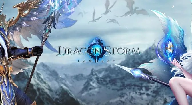 a wizard and a witch stand at either side of the screen with a title in the middle and an icy mountain in the background