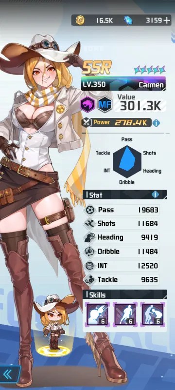 Carmen a character from the mobile game victory girls anime soccer