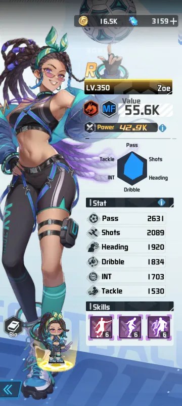 Zoe a character from the mobile game victory girls anime soccer