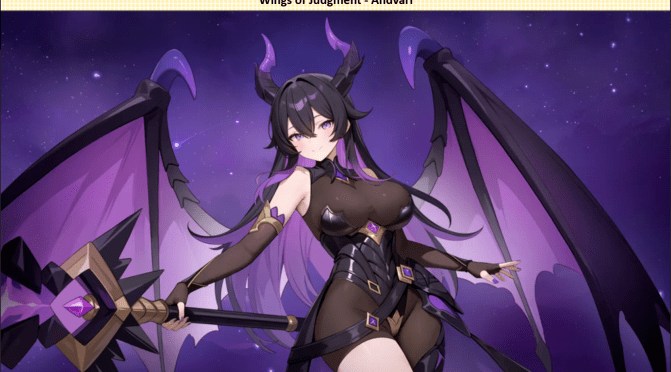 A captivating anime illustration features a succubus with striking features. Her eyes, a deep, enchanting purple, gaze directly at the viewer. Short, messy black hair frames her face, adding to her alluring yet slightly wild appearance. Black, bat-like wings with a vibrant purple underside spread dramatically behind her, hinting at her demonic nature. She wears a revealing, dark outfit adorned with intricate details, accentuating her figure. In her right hand, she clutches a menacing-looking staff, its design incorporating sharp, dark elements with a glowing purple gem at its center. The background is a swirl of deep purples, creating a mystical and slightly ominous atmosphere. The overall art style is reminiscent of anime, with clean lines and a vibrant color palette, focusing on detailed character design and a sense of fantasy.
