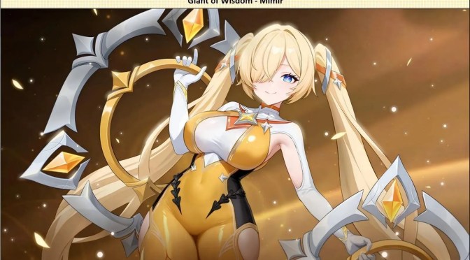 A beautiful anime girl with blonde twin pigtails, large golden eyes, and a playful expression. She wears a revealing yellow and white outfit with tiger-striped accents. Her arms are extended, holding a large, ornate golden bow. The background is a warm, blurred gradient of gold and orange, with subtle glittering particles. The overall style is vibrant and detailed, reminiscent of a video game character illustration.
