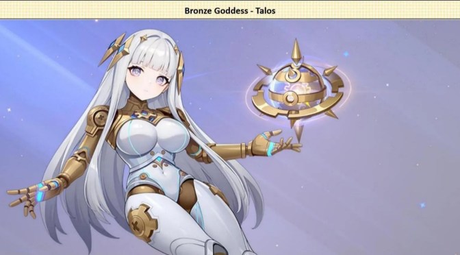 A beautiful anime girl with long, flowing white hair and bright blue eyes. She is wearing an intricate white and gold dress with intricate patterns and glowing accents. Her pose is dynamic, with her body angled and one arm extended, holding a golden, ornate spherical object with spikes. The background is a soft, gradient purple with subtle starry or cosmic elements. The lighting is soft and highlights the details of her attire and the object she holds.